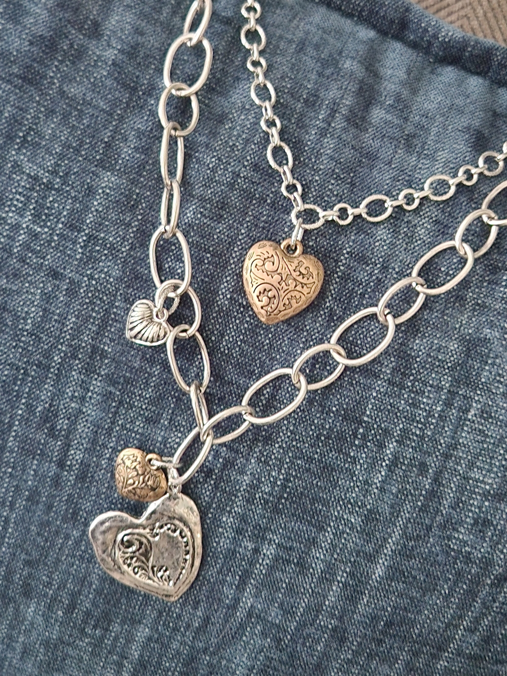 Chico's Silver & Gold-tone Floating Hearts Layered Necklace.